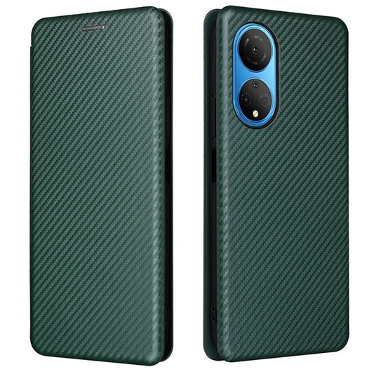For Honor X7 Carbon Fiber Texture Folio Flip Anti-scratch PU Leather Case Magnetic Auto-absorbed Stand Phone Cover - Green