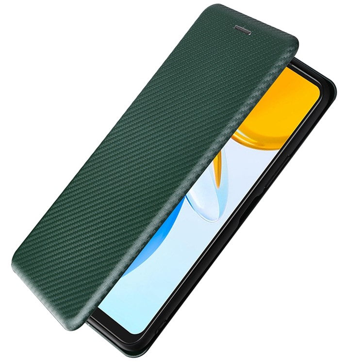 For Honor X7 Carbon Fiber Texture Folio Flip Anti-scratch PU Leather Case Magnetic Auto-absorbed Stand Phone Cover - Green