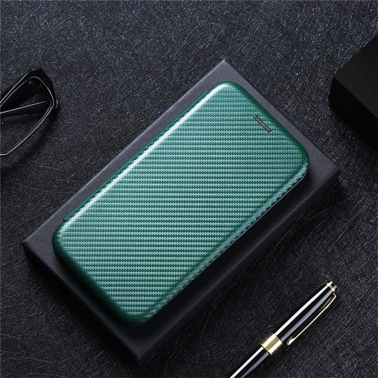 For Honor X7 Carbon Fiber Texture Folio Flip Anti-scratch PU Leather Case Magnetic Auto-absorbed Stand Phone Cover - Green