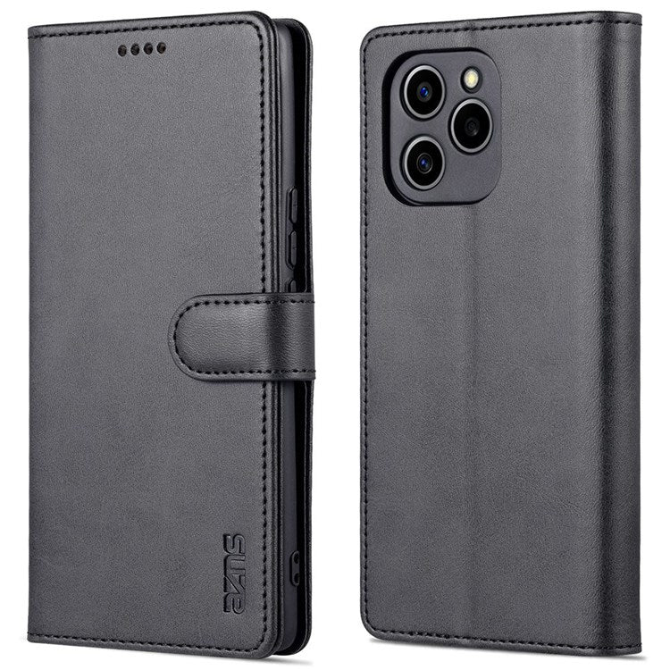 AZNS PU Leather Anti-dust Phone Case for Honor 60 SE Shockproof Folio Flip Cover Wallet Phone Case with Stand - Black