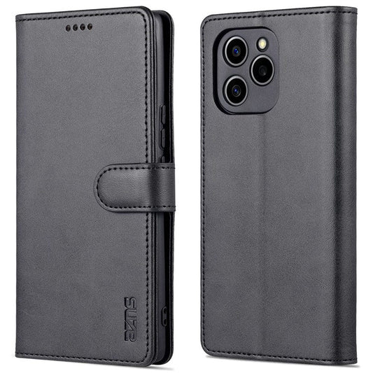 AZNS PU Leather Anti-dust Phone Case for Honor 60 SE Shockproof Folio Flip Cover Wallet Phone Case with Stand - Black