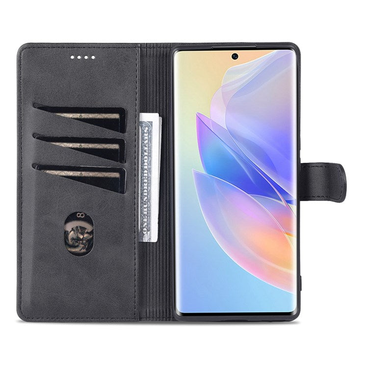 AZNS PU Leather Anti-dust Phone Case for Honor 60 SE Shockproof Folio Flip Cover Wallet Phone Case with Stand - Black