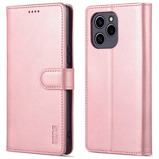 AZNS PU Leather Anti-dust Phone Case for Honor 60 SE Shockproof Folio Flip Cover Wallet Phone Case with Stand - Rose Gold