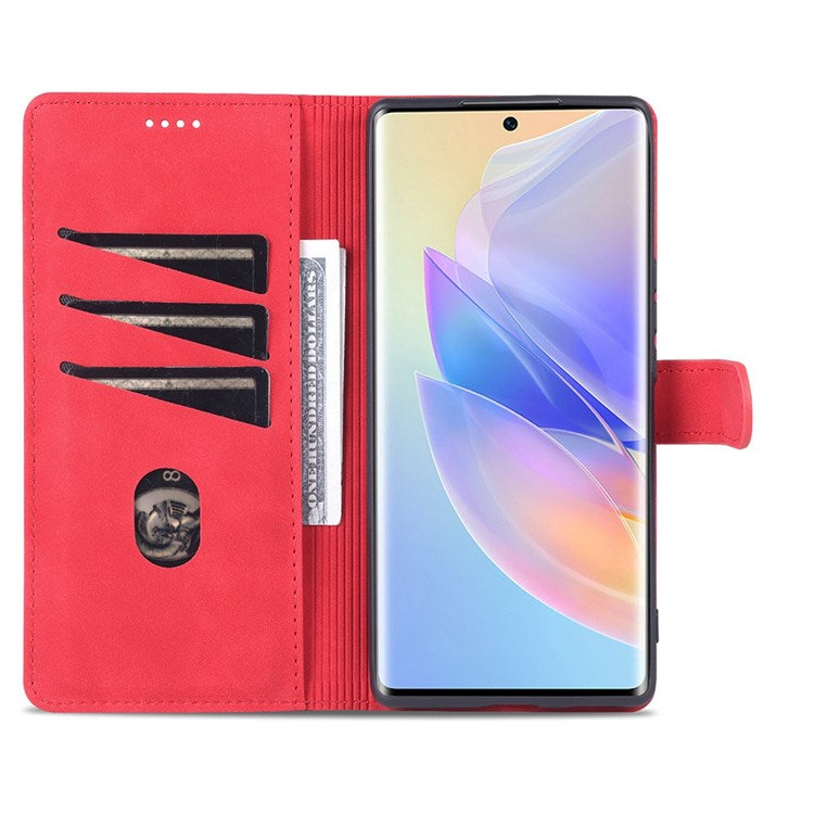 AZNS PU Leather Anti-dust Phone Case for Honor 60 SE Shockproof Folio Flip Cover Wallet Phone Case with Stand - Red