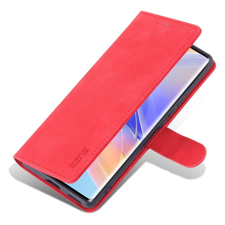AZNS PU Leather Anti-dust Phone Case for Honor 60 SE Shockproof Folio Flip Cover Wallet Phone Case with Stand - Red