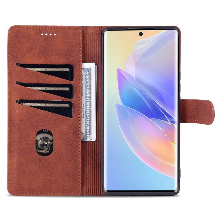 AZNS PU Leather Anti-dust Phone Case for Honor 60 SE Shockproof Folio Flip Cover Wallet Phone Case with Stand - Brown