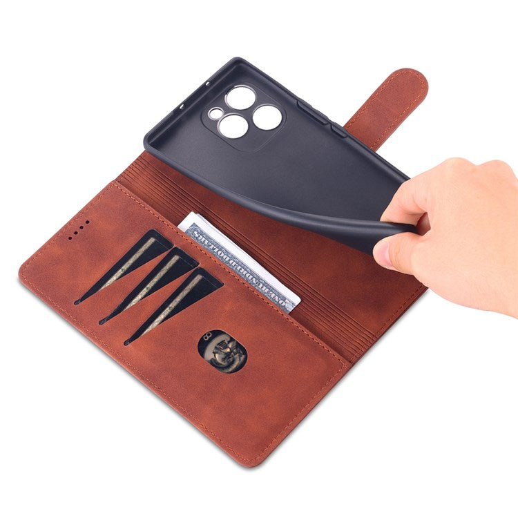 AZNS PU Leather Anti-dust Phone Case for Honor 60 SE Shockproof Folio Flip Cover Wallet Phone Case with Stand - Brown