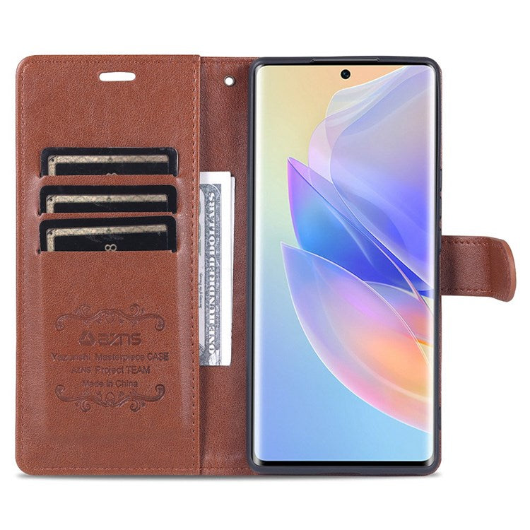 AZNS Textured PU Leather Phone Case for Honor 60 SE Protective Folio Flip Cover TPU Shockproof Stand Case with Wallet - Brown