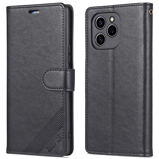 AZNS Textured PU Leather Phone Case for Honor 60 SE Protective Folio Flip Cover TPU Shockproof Stand Case with Wallet - Black