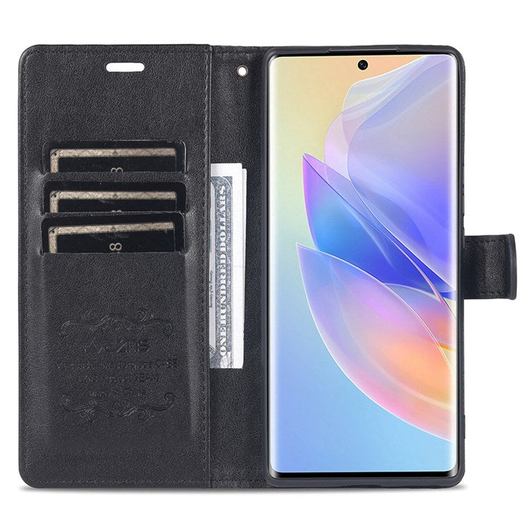 AZNS Textured PU Leather Phone Case for Honor 60 SE Protective Folio Flip Cover TPU Shockproof Stand Case with Wallet - Black