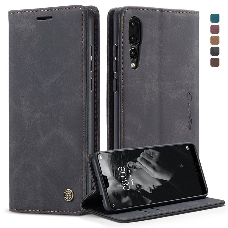CASEME 013 Series For Huawei P20 Pro Phone Cover Anti-scratch Magnetic Auto-absorbed PU Leather Wallet Foldable Stand Smartphone Case - Black