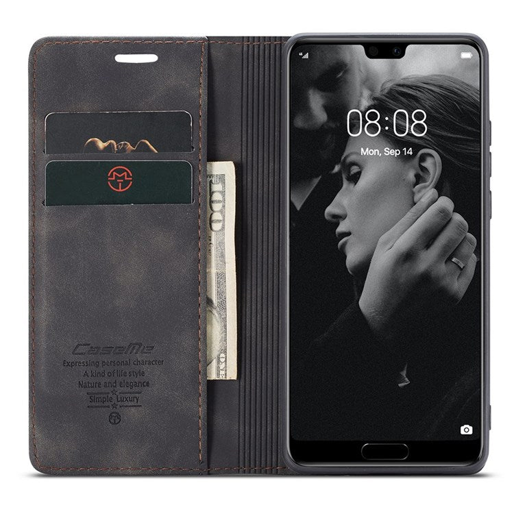 CASEME 013 Series For Huawei P20 Pro Phone Cover Anti-scratch Magnetic Auto-absorbed PU Leather Wallet Foldable Stand Smartphone Case - Black