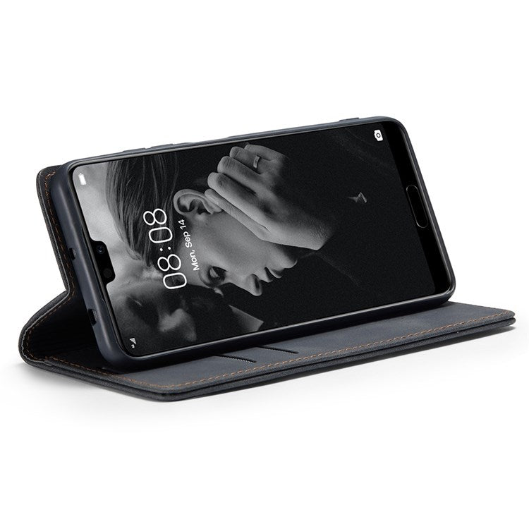 CASEME 013 Series For Huawei P20 Pro Phone Cover Anti-scratch Magnetic Auto-absorbed PU Leather Wallet Foldable Stand Smartphone Case - Black