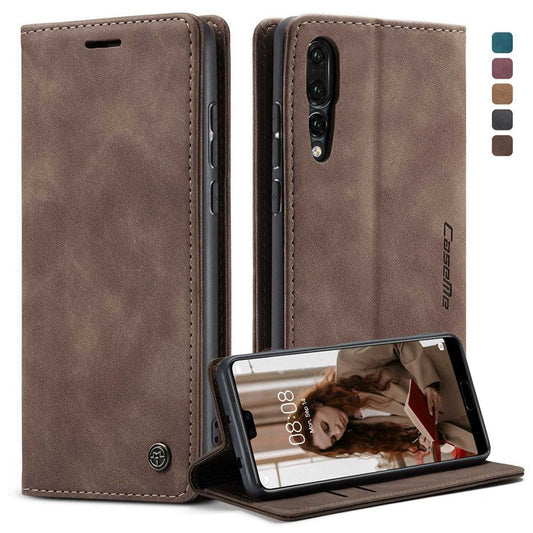 CASEME 013 Series For Huawei P20 Pro Phone Cover Anti-scratch Magnetic Auto-absorbed PU Leather Wallet Foldable Stand Smartphone Case - Coffee
