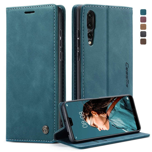 CASEME 013 Series For Huawei P20 Pro Phone Cover Anti-scratch Magnetic Auto-absorbed PU Leather Wallet Foldable Stand Smartphone Case - Blue