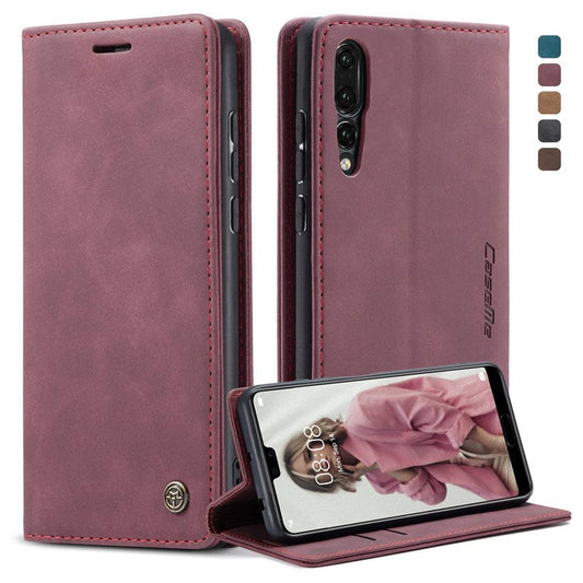 CASEME 013 Series For Huawei P20 Pro Phone Cover Anti-scratch Magnetic Auto-absorbed PU Leather Wallet Foldable Stand Smartphone Case - Red