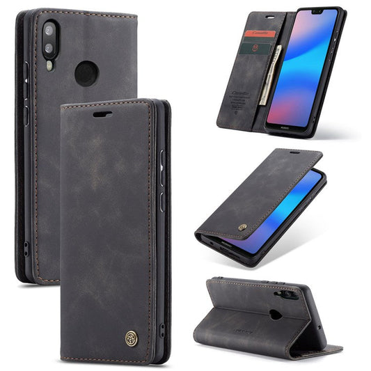 CASEME 013 Series Lightweight Mobile Phone Case Bag for Huawei P20 Lite (2018)/Nova 3e (China), Auto-absorbed PU Leather Wallet Foldable Stand Phone Cover - Black