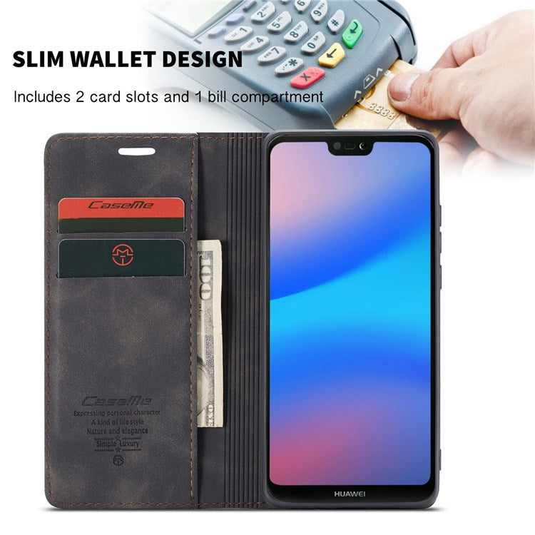 CASEME 013 Series Lightweight Mobile Phone Case Bag for Huawei P20 Lite (2018)/Nova 3e (China), Auto-absorbed PU Leather Wallet Foldable Stand Phone Cover - Black