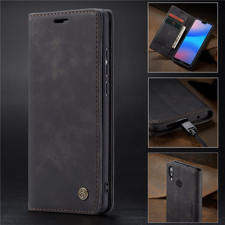 CASEME 013 Series Lightweight Mobile Phone Case Bag for Huawei P20 Lite (2018)/Nova 3e (China), Auto-absorbed PU Leather Wallet Foldable Stand Phone Cover - Black