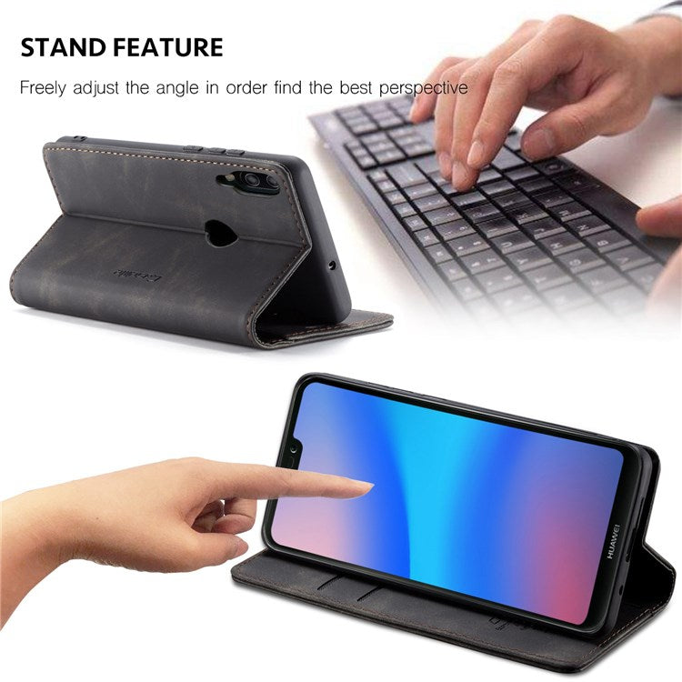 CASEME 013 Series Lightweight Mobile Phone Case Bag for Huawei P20 Lite (2018)/Nova 3e (China), Auto-absorbed PU Leather Wallet Foldable Stand Phone Cover - Black