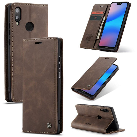 CASEME 013 Series Lightweight Mobile Phone Case Bag for Huawei P20 Lite (2018)/Nova 3e (China), Auto-absorbed PU Leather Wallet Foldable Stand Phone Cover - Coffee