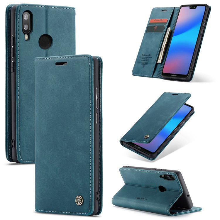 CASEME 013 Series Lightweight Mobile Phone Case Bag for Huawei P20 Lite (2018)/Nova 3e (China), Auto-absorbed PU Leather Wallet Foldable Stand Phone Cover - Blue