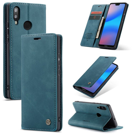 CASEME 013 Series Lightweight Mobile Phone Case Bag for Huawei P20 Lite (2018)/Nova 3e (China), Auto-absorbed PU Leather Wallet Foldable Stand Phone Cover - Blue