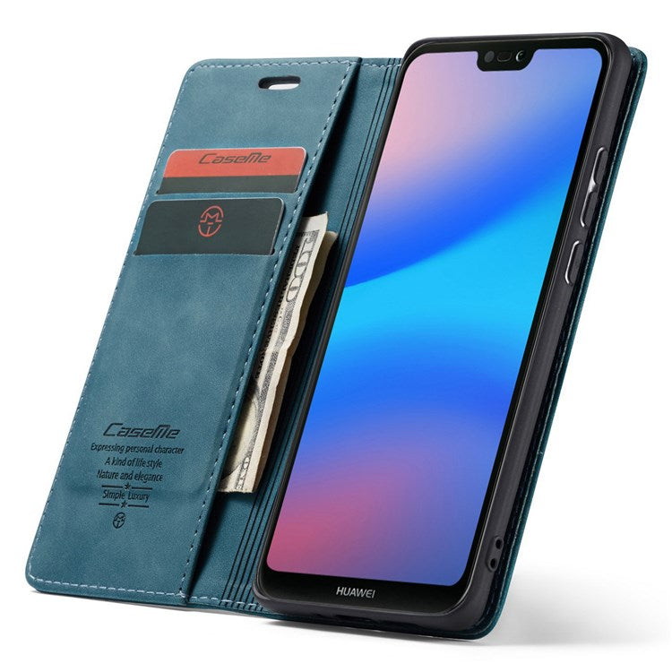 CASEME 013 Series Lightweight Mobile Phone Case Bag for Huawei P20 Lite (2018)/Nova 3e (China), Auto-absorbed PU Leather Wallet Foldable Stand Phone Cover - Blue
