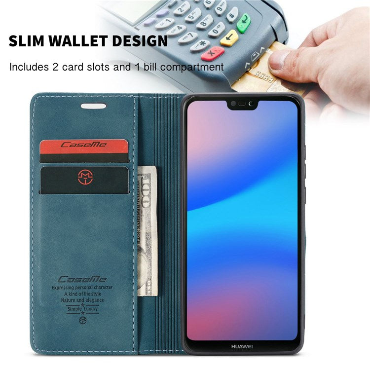 CASEME 013 Series Lightweight Mobile Phone Case Bag for Huawei P20 Lite (2018)/Nova 3e (China), Auto-absorbed PU Leather Wallet Foldable Stand Phone Cover - Blue