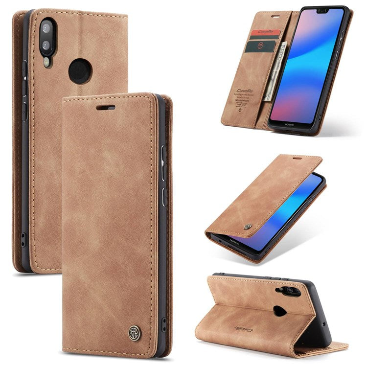 CASEME 013 Series Lightweight Mobile Phone Case Bag for Huawei P20 Lite (2018)/Nova 3e (China), Auto-absorbed PU Leather Wallet Foldable Stand Phone Cover - Brown