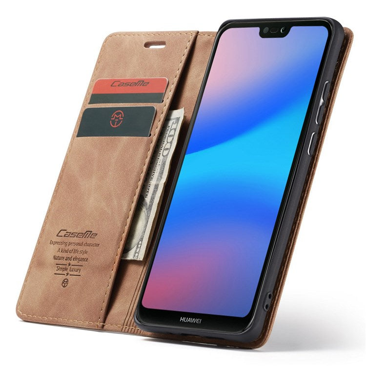 CASEME 013 Series Lightweight Mobile Phone Case Bag for Huawei P20 Lite (2018)/Nova 3e (China), Auto-absorbed PU Leather Wallet Foldable Stand Phone Cover - Brown