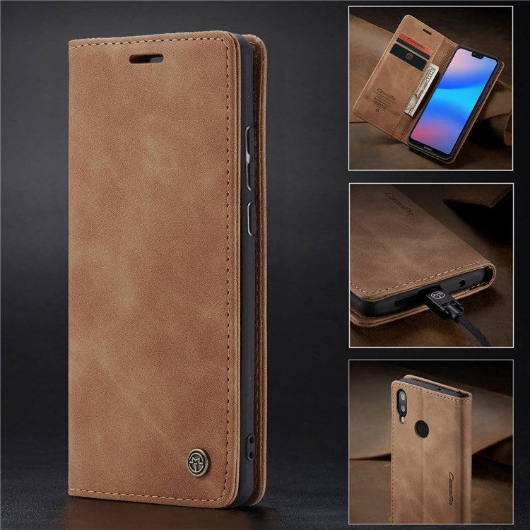 CASEME 013 Series Lightweight Mobile Phone Case Bag for Huawei P20 Lite (2018)/Nova 3e (China), Auto-absorbed PU Leather Wallet Foldable Stand Phone Cover - Brown