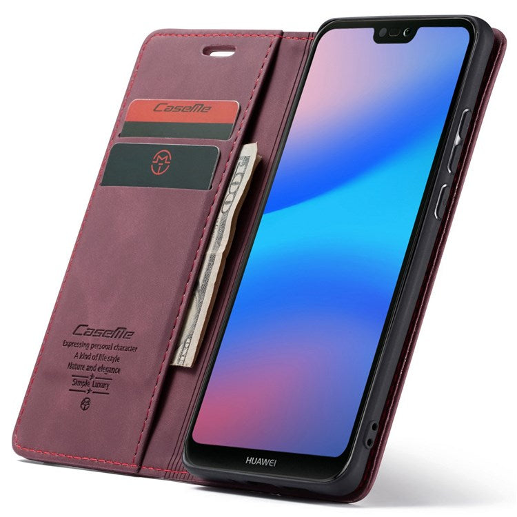 CASEME 013 Series Lightweight Mobile Phone Case Bag for Huawei P20 Lite (2018)/Nova 3e (China), Auto-absorbed PU Leather Wallet Foldable Stand Phone Cover - Red