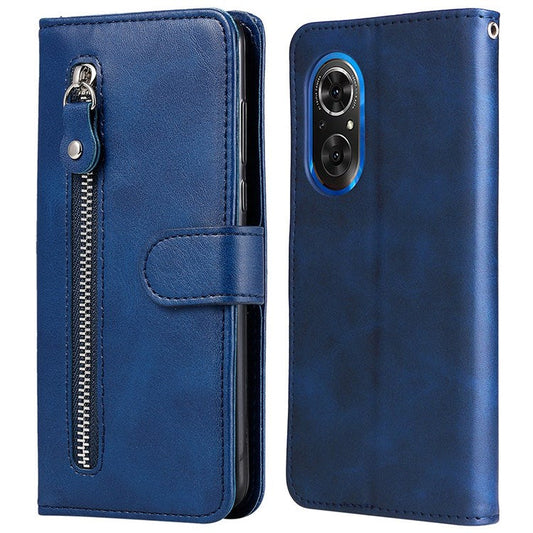For Honor 50 SE/Huawei nova 9 SE PU Leather Zipper Pocket Wallet Phone Case Magnetic Closure Stand Carrying Pouch Cover - Blue
