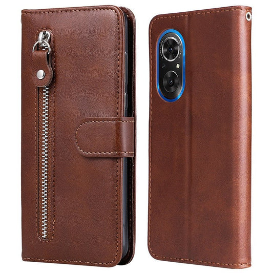 For Honor 50 SE/Huawei nova 9 SE PU Leather Zipper Pocket Wallet Phone Case Magnetic Closure Stand Carrying Pouch Cover - Brown