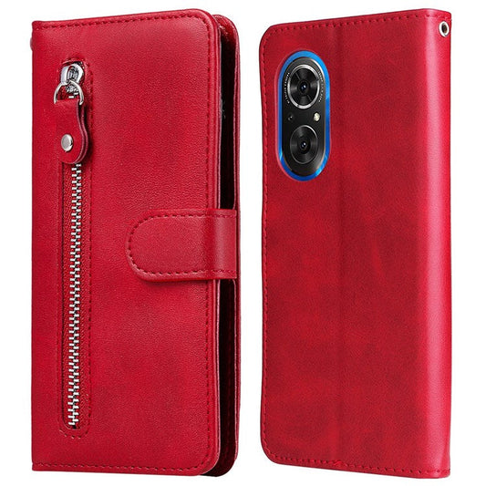 For Honor 50 SE/Huawei nova 9 SE PU Leather Zipper Pocket Wallet Phone Case Magnetic Closure Stand Carrying Pouch Cover - Red