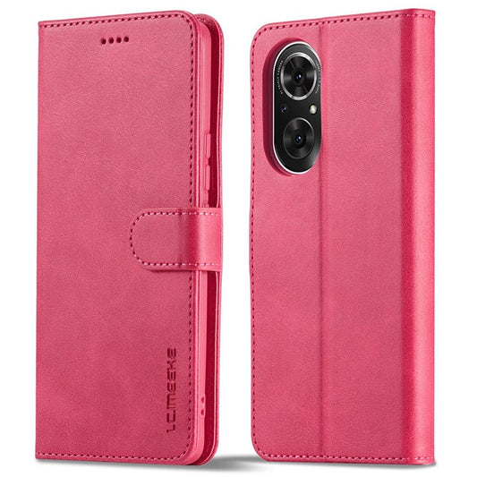 LC.IMEEKE For Honor 50 SE Textured PU Leather Wallet Case Adjustable Stand Folio Flip Phone Cover - Red