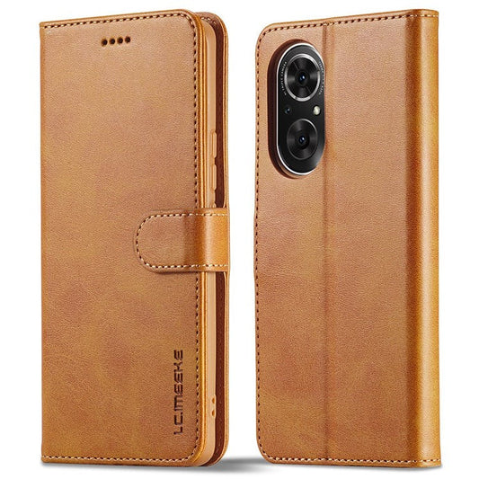 LC.IMEEKE For Honor 50 SE Textured PU Leather Wallet Case Adjustable Stand Folio Flip Phone Cover - Light Brown