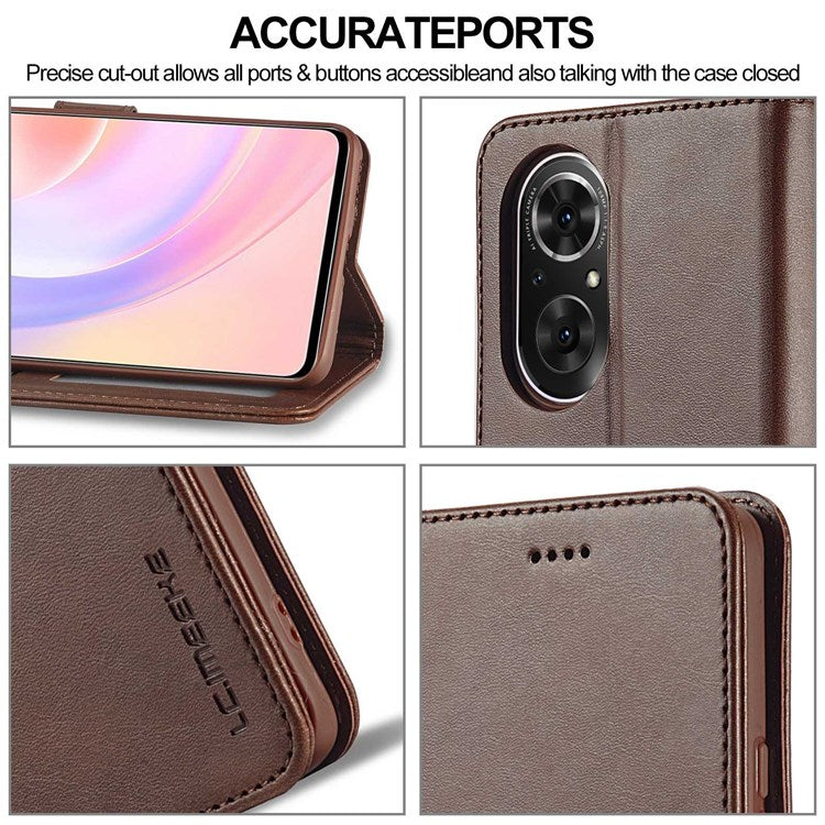 LC.IMEEKE For Honor 50 SE Textured PU Leather Wallet Case Adjustable Stand Folio Flip Phone Cover - Brown