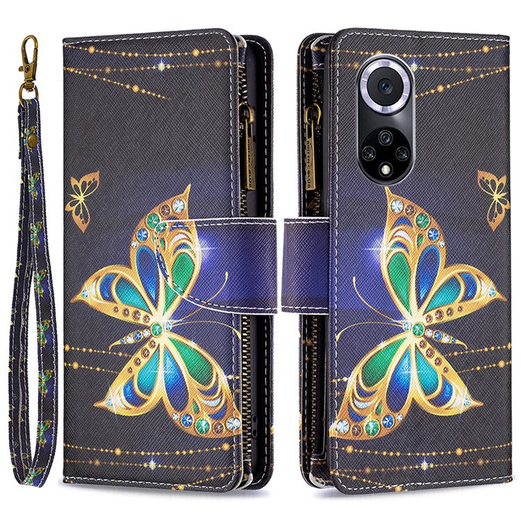 BF Pattern Printing Leather Series-4 for Honor 50/Huawei nova 9, 03 Pattern Printing Wallet Full Protection Zipper Pocket PU Leather Anti-fall Case Stand Shell - Jewelry Butterfly