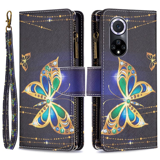 BF Pattern Printing Leather Series-4 for Honor 50/Huawei nova 9, 03 Pattern Printing Wallet Full Protection Zipper Pocket PU Leather Anti-fall Case Stand Shell - Jewelry Butterfly
