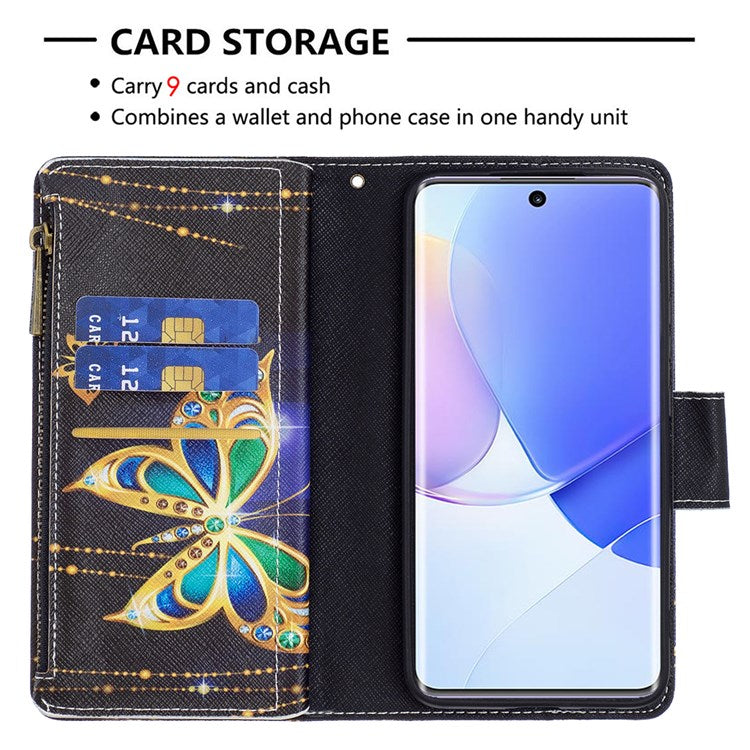 BF Pattern Printing Leather Series-4 for Honor 50/Huawei nova 9, 03 Pattern Printing Wallet Full Protection Zipper Pocket PU Leather Anti-fall Case Stand Shell - Jewelry Butterfly