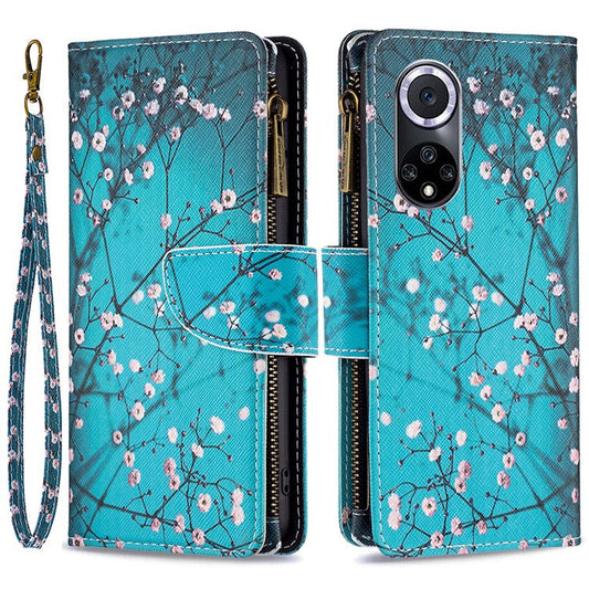 BF Pattern Printing Leather Series-4 for Honor 50/Huawei nova 9, 03 Pattern Printing Wallet Full Protection Zipper Pocket PU Leather Anti-fall Case Stand Shell - Plum Blossom