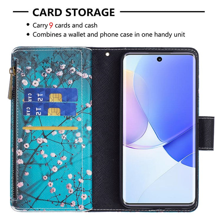 BF Pattern Printing Leather Series-4 for Honor 50/Huawei nova 9, 03 Pattern Printing Wallet Full Protection Zipper Pocket PU Leather Anti-fall Case Stand Shell - Plum Blossom
