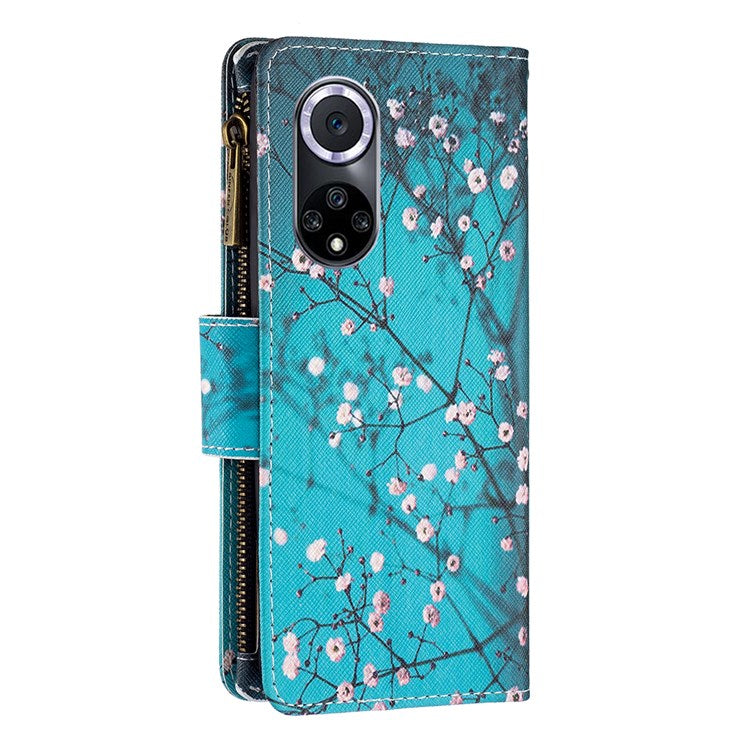 BF Pattern Printing Leather Series-4 for Honor 50/Huawei nova 9, 03 Pattern Printing Wallet Full Protection Zipper Pocket PU Leather Anti-fall Case Stand Shell - Plum Blossom