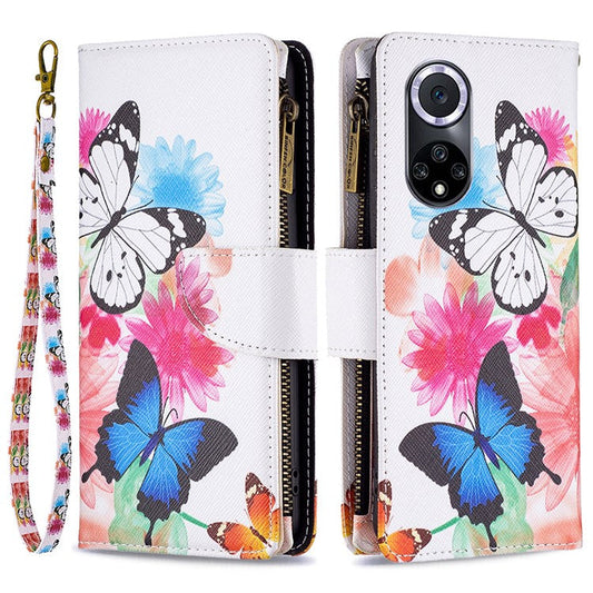 BF Pattern Printing Leather Series-4 for Honor 50/Huawei nova 9, 03 Pattern Printing Wallet Full Protection Zipper Pocket PU Leather Anti-fall Case Stand Shell - Two Butterflies
