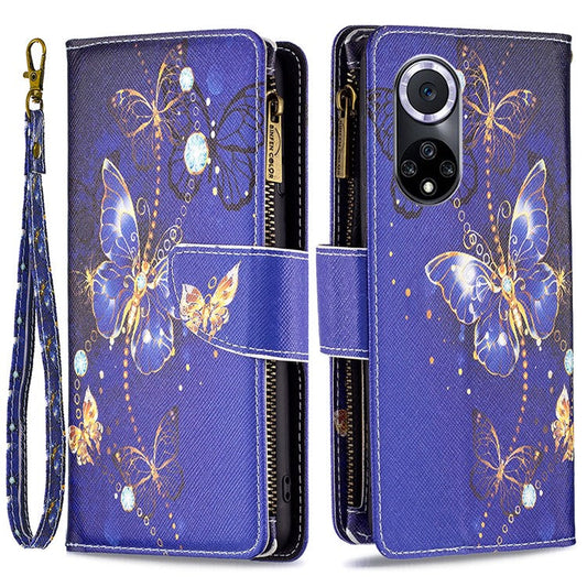 BF Pattern Printing Leather Series-4 for Honor 50/Huawei nova 9, 03 Pattern Printing Wallet Full Protection Zipper Pocket PU Leather Anti-fall Case Stand Shell - Purple Butterflies