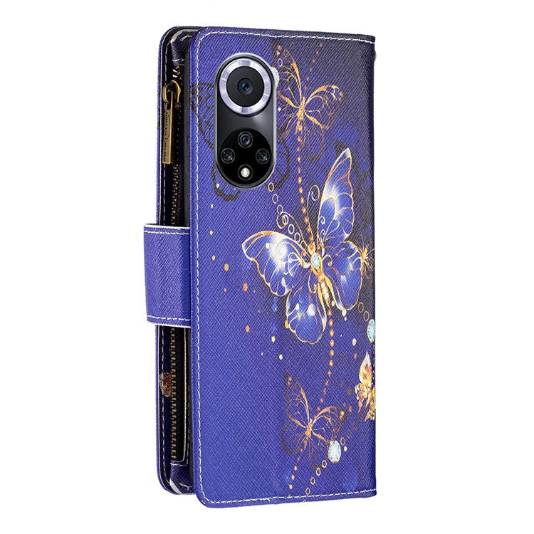 BF Pattern Printing Leather Series-4 for Honor 50/Huawei nova 9, 03 Pattern Printing Wallet Full Protection Zipper Pocket PU Leather Anti-fall Case Stand Shell - Purple Butterflies