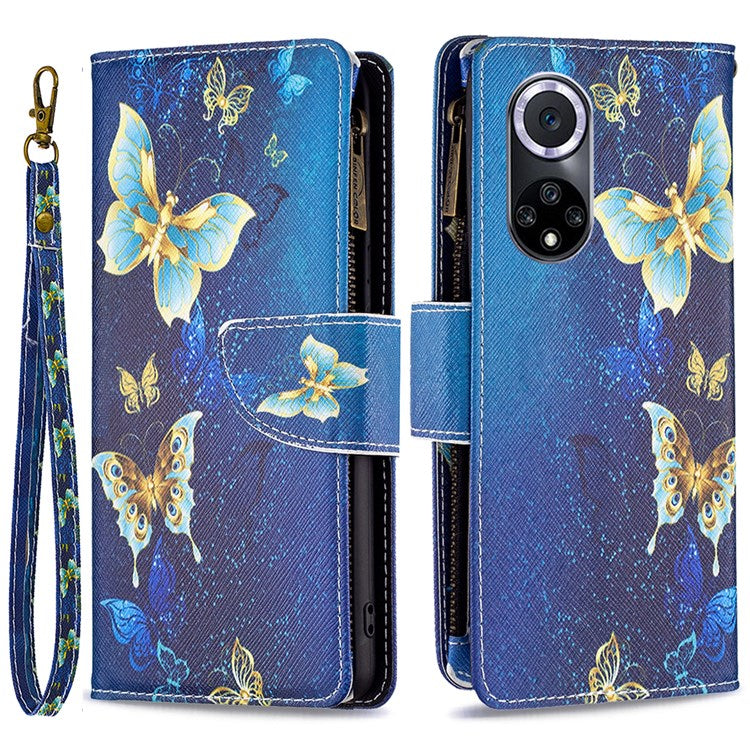 BF Pattern Printing Leather Series-4 for Honor 50/Huawei nova 9, 03 Pattern Printing Wallet Full Protection Zipper Pocket PU Leather Anti-fall Case Stand Shell - Golden Butterflies