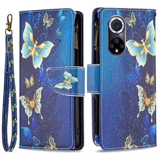 BF Pattern Printing Leather Series-4 for Honor 50/Huawei nova 9, 03 Pattern Printing Wallet Full Protection Zipper Pocket PU Leather Anti-fall Case Stand Shell - Golden Butterflies